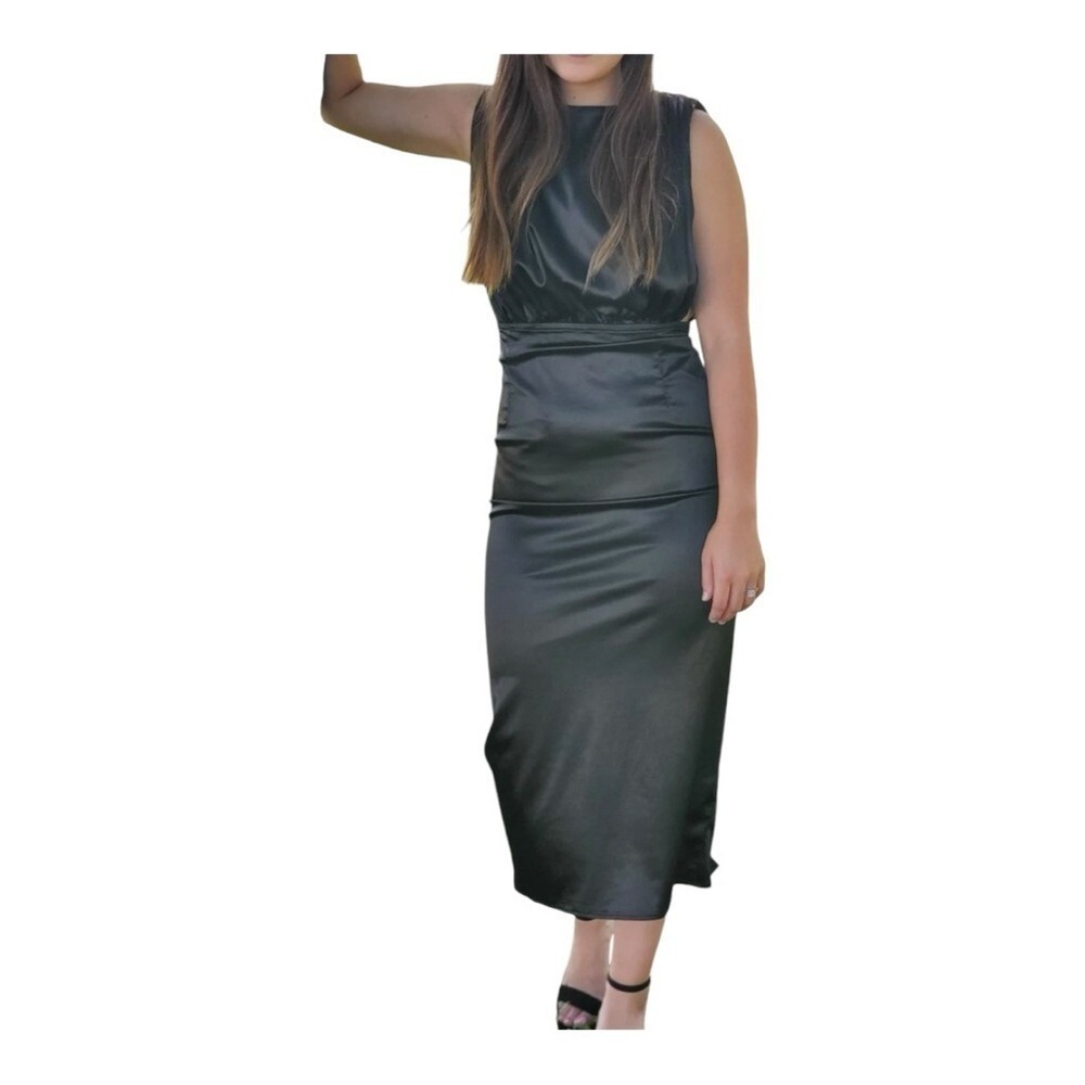 Lena Satin Midi Dress Womens Large Black Open Back Sleeveless Cocktail‎ Sleek